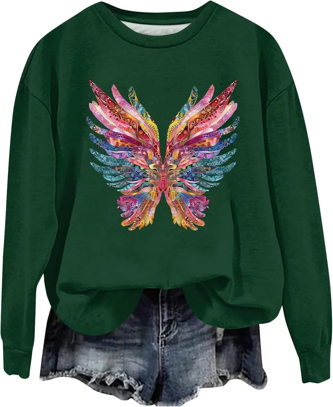Ladies Long Sleeve Trendy Sweatshirt Dressy Crewneck Tee Casual Fashion Wing Print Tshirt Fall Pollover Trendy Tops