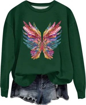 Ladies Long Sleeve Trendy Sweatshirt Dressy Crewneck Tee Casual Fashion Wing Print Tshirt Fall Pollover Trendy Tops