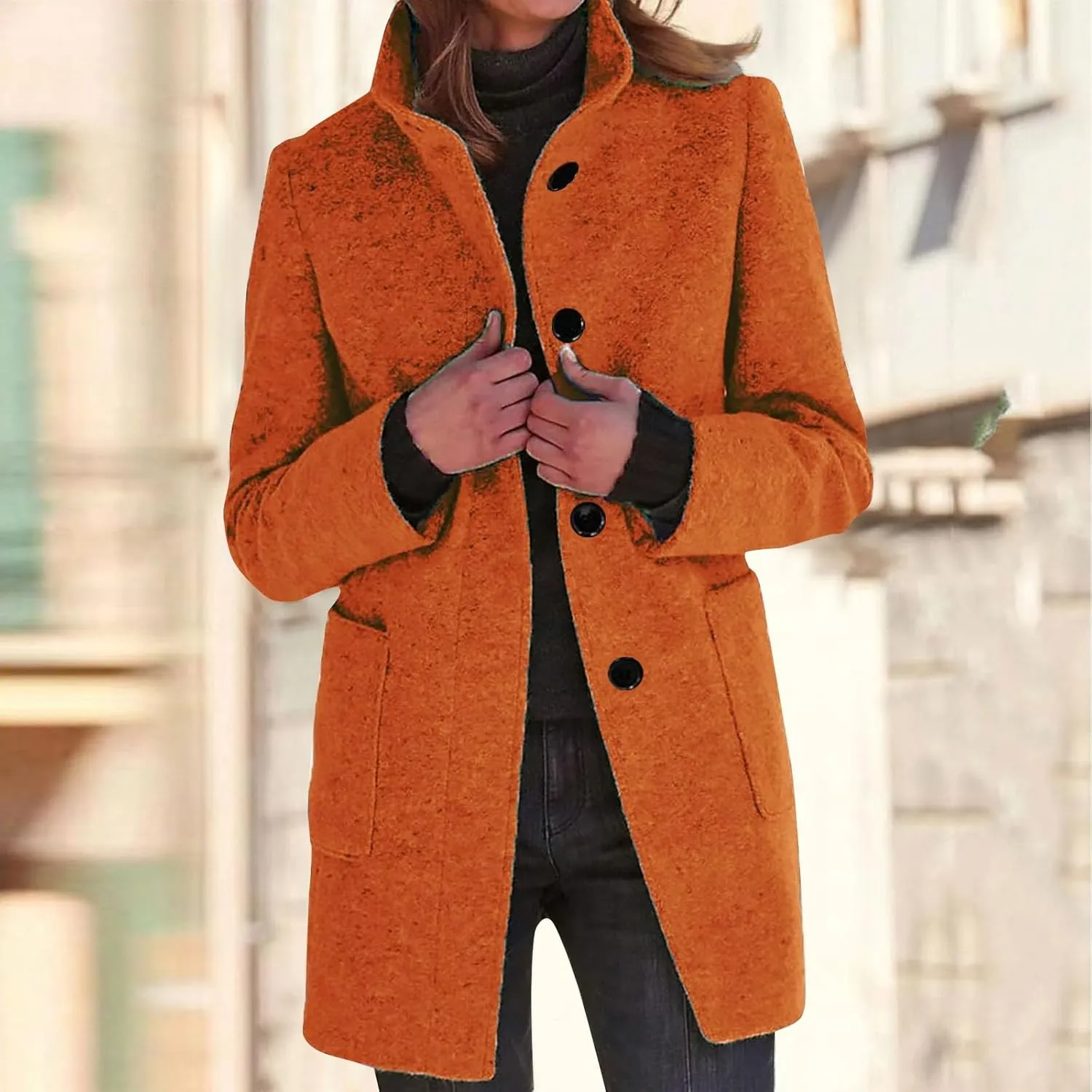 Ladies Solid Color Jacket Winter Button Up Trendy Long Sleeve Hooded 2024 Tweed Jacket Loose Comfy Outerwear With Pocket
