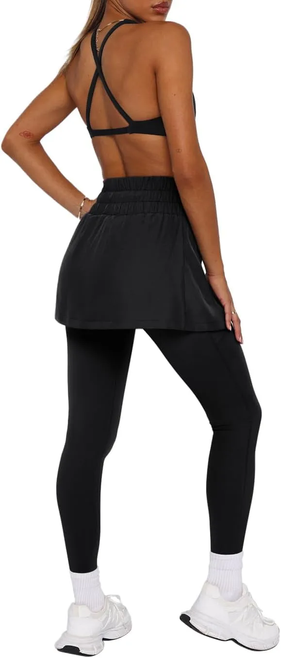 LASLULU Womens Tennis Skirted Leggings Yoga Golf Skirts with Leggings Modest Gym Athletic Pickleball Running Clothes Outfits
