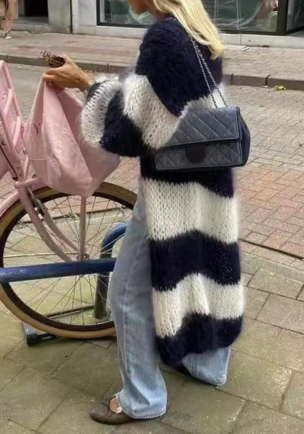 LETSVDO Women's Color Block Long Cardigan Open Front Oversized Striped Knit Slouchy Duster Chunky Sweater Coat