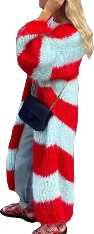 LETSVDO Women's Color Block Long Cardigan Open Front Oversized Striped Knit Slouchy Duster Chunky Sweater Coat