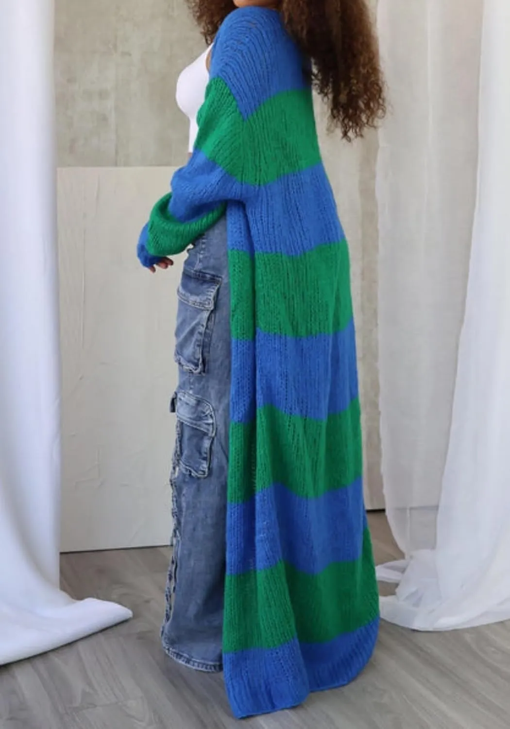 LETSVDO Women's Color Block Long Cardigan Open Front Oversized Striped Knit Slouchy Duster Chunky Sweater Coat