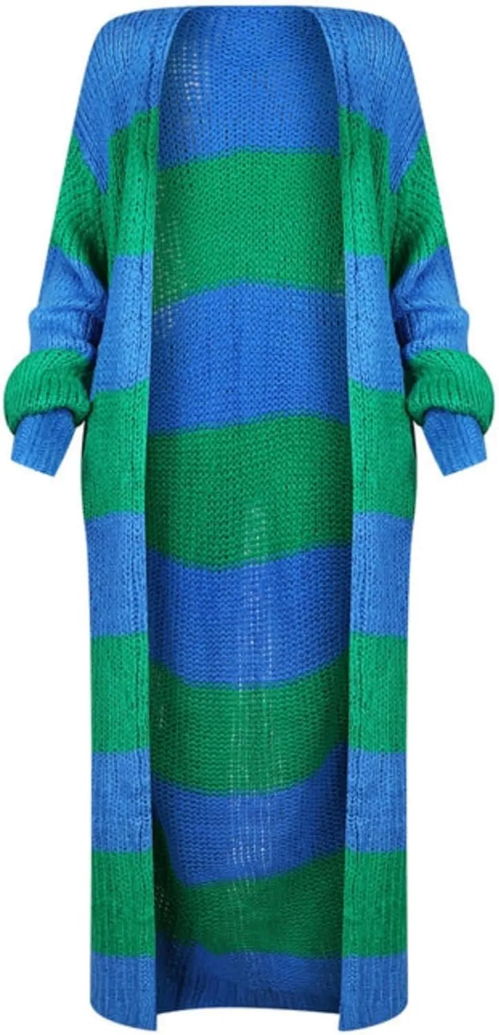 LETSVDO Women's Color Block Long Cardigan Open Front Oversized Striped Knit Slouchy Duster Chunky Sweater Coat