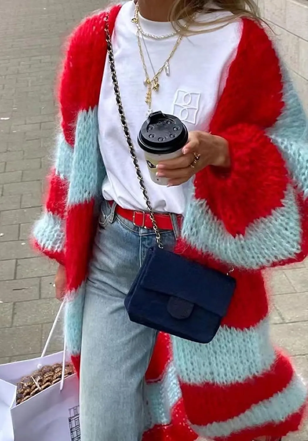 LETSVDO Women's Color Block Long Cardigan Open Front Oversized Striped Knit Slouchy Duster Chunky Sweater Coat
