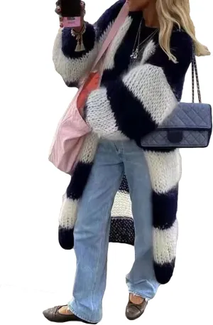 LETSVDO Women's Color Block Long Cardigan Open Front Oversized Striped Knit Slouchy Duster Chunky Sweater Coat