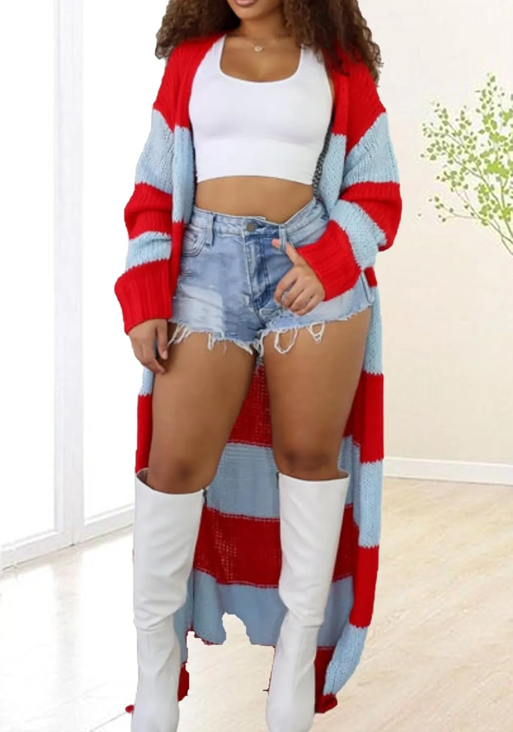 LETSVDO Women's Color Block Long Cardigan Open Front Oversized Striped Knit Slouchy Duster Chunky Sweater Coat