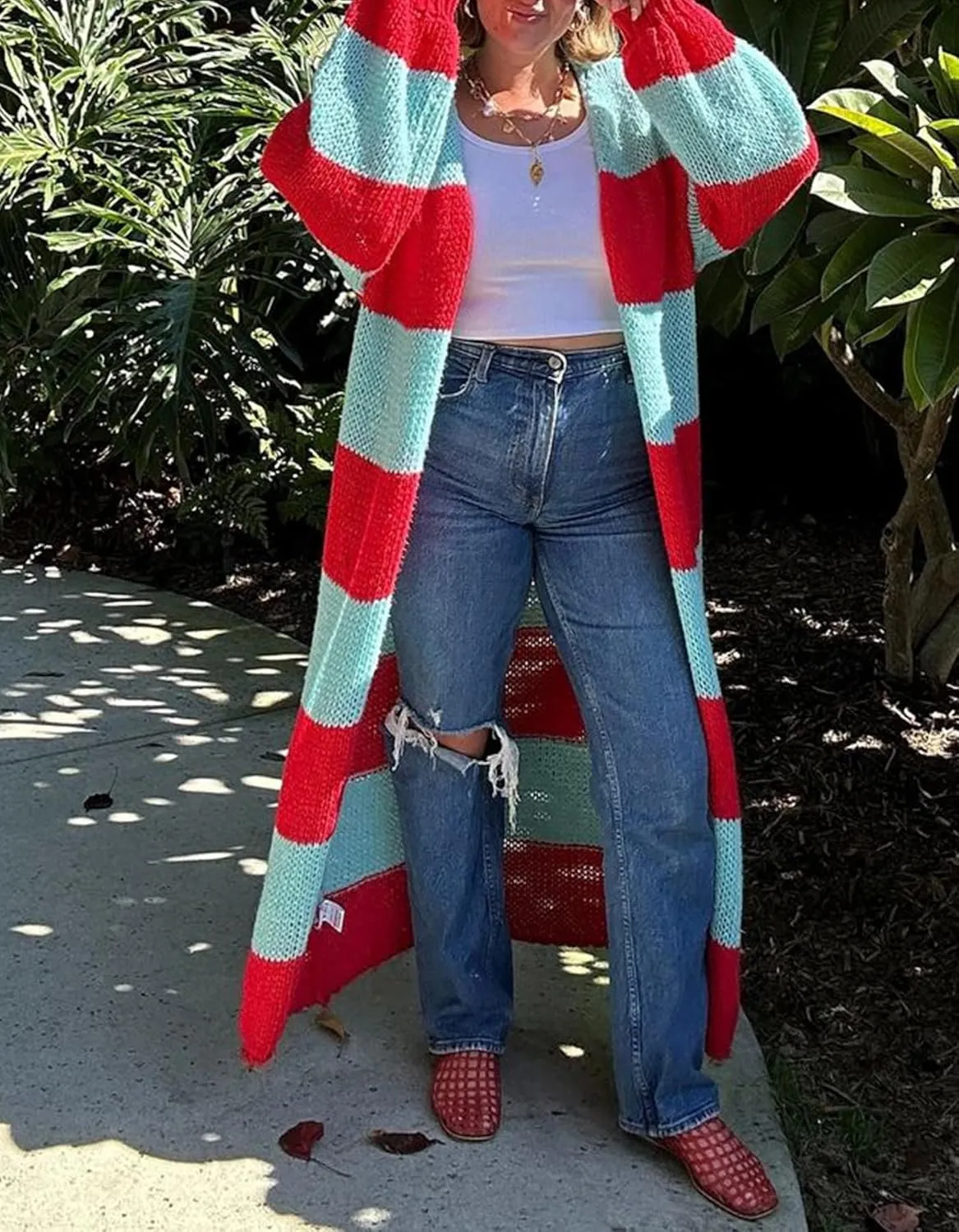 LETSVDO Women's Color Block Long Cardigan Open Front Oversized Striped Knit Slouchy Duster Chunky Sweater Coat