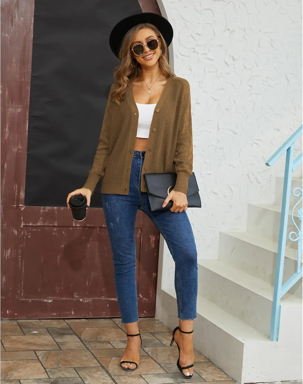 LILBETTER Women's Long Sleeve Button Down V Neck Classic Sweater Knit Cardigan