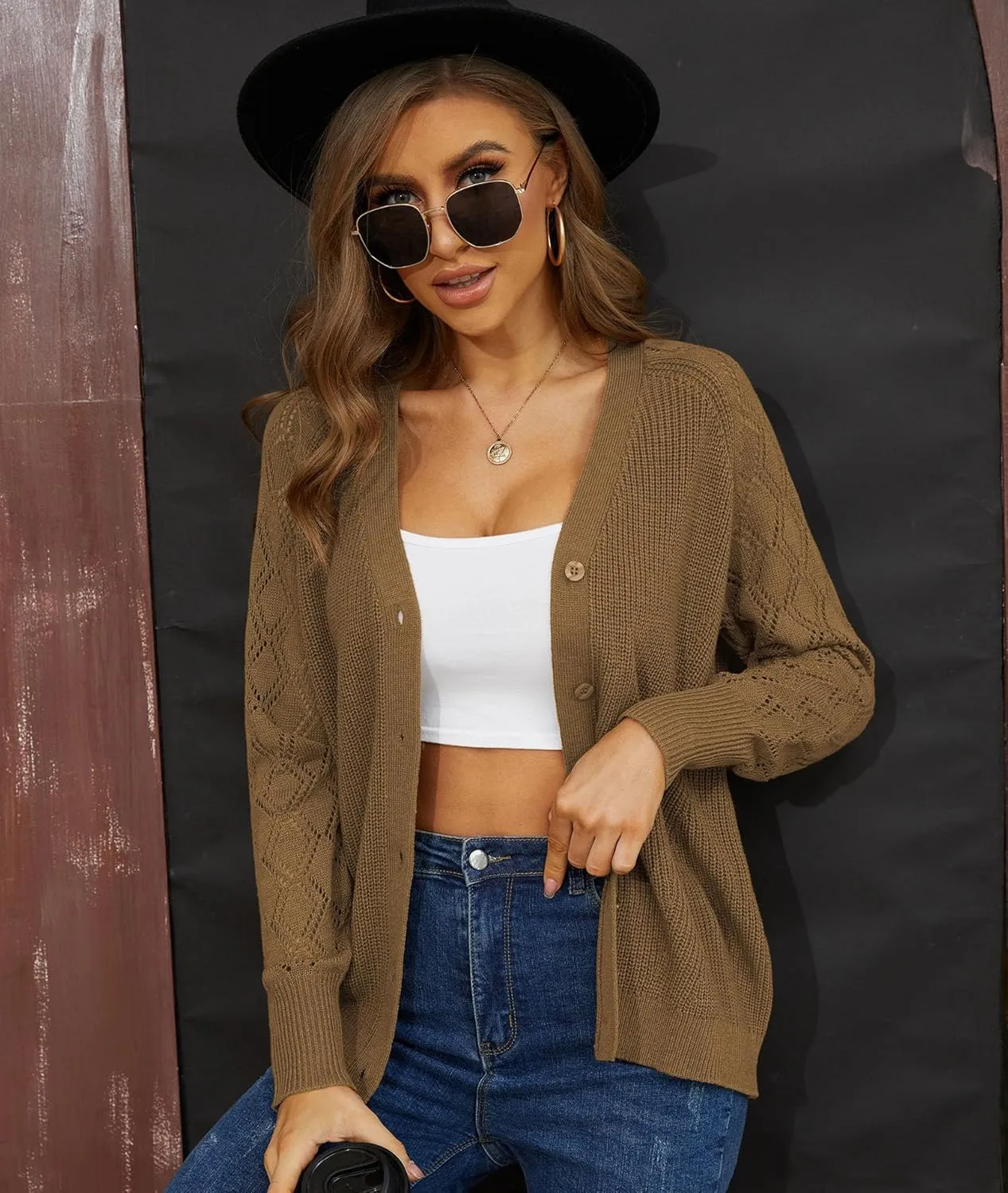 LILBETTER Women's Long Sleeve Button Down V Neck Classic Sweater Knit Cardigan
