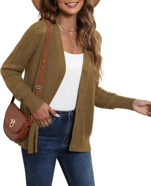 LILBETTER Women's Long Sleeve Button Down V Neck Classic Sweater Knit Cardigan