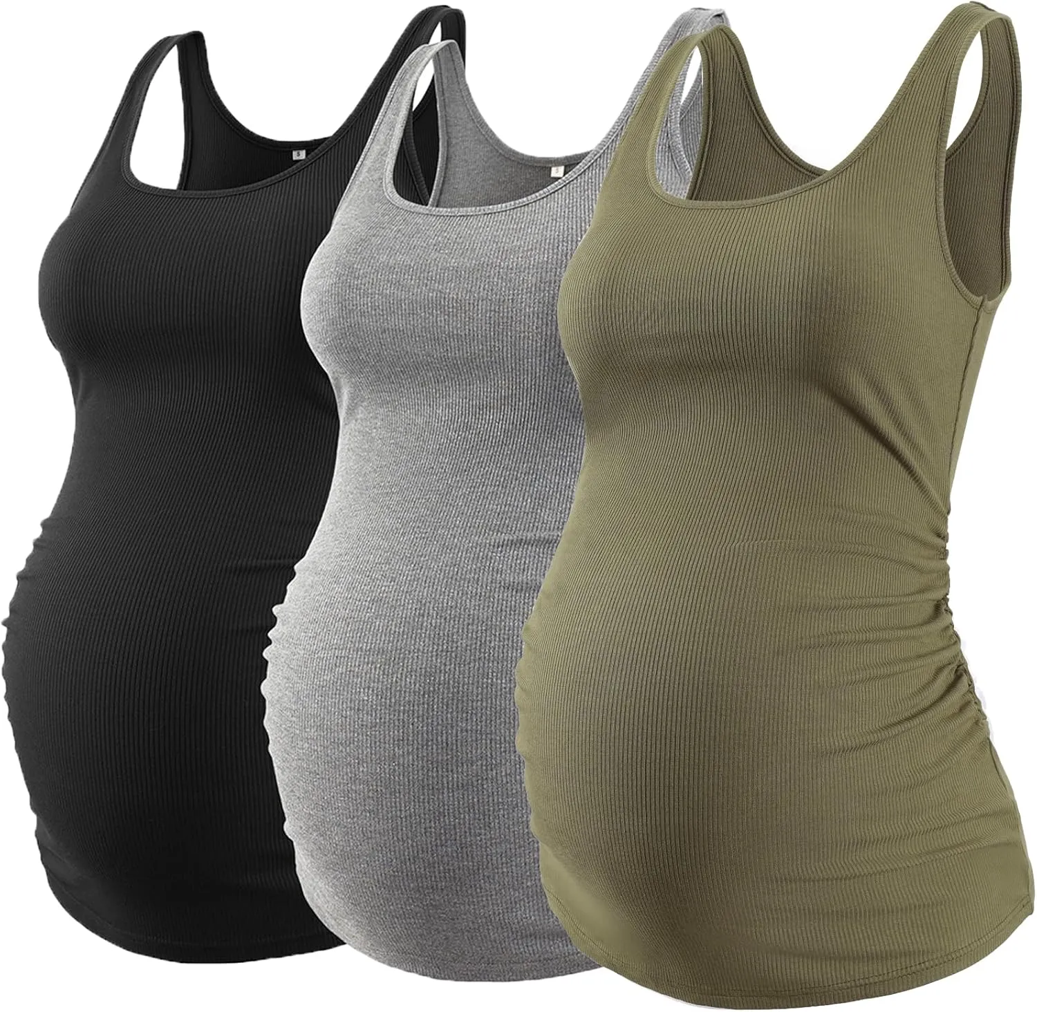 Liu & Qu Maternity Tank Tops Rib Side-Shirred Sleeveless Pregnancy Basic Shirt 3-Pack