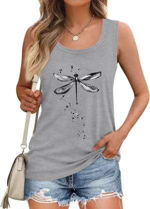 LOMON Womens Tank Tops Round Neck Graphic T Shirts Loose Fit Casual Sleeveless Summer Tops