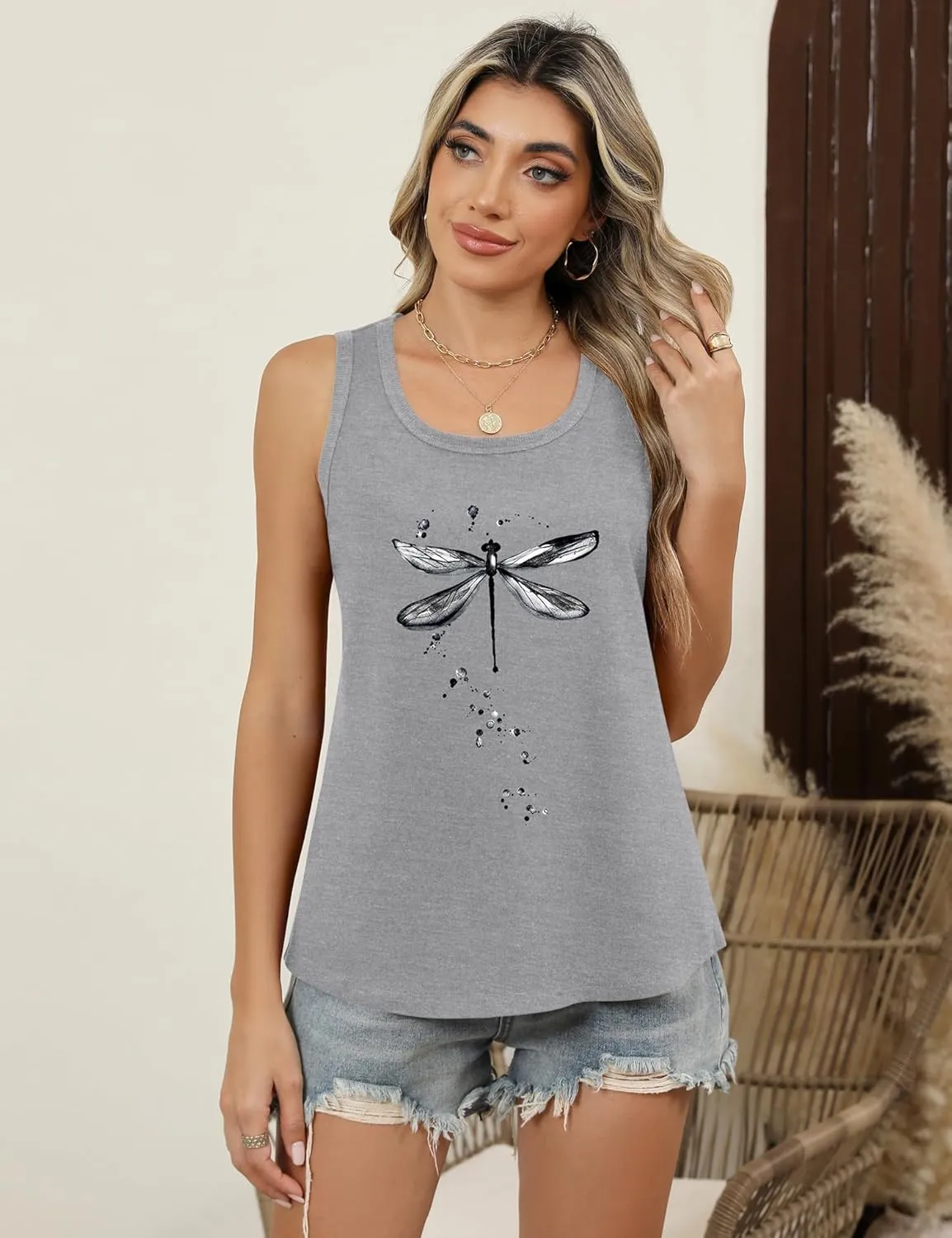 LOMON Womens Tank Tops Round Neck Graphic T Shirts Loose Fit Casual Sleeveless Summer Tops