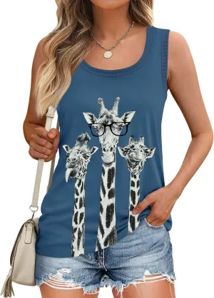 LOMON Womens Tank Tops Round Neck Graphic T Shirts Loose Fit Casual Sleeveless Summer Tops
