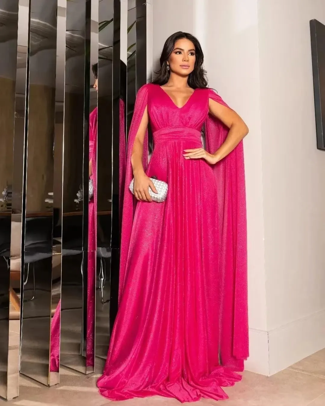 Long Sleeve Prom Dress with Cape V Neck Chiffon Ball Gown A Line Formal Evening Gowns for Women
