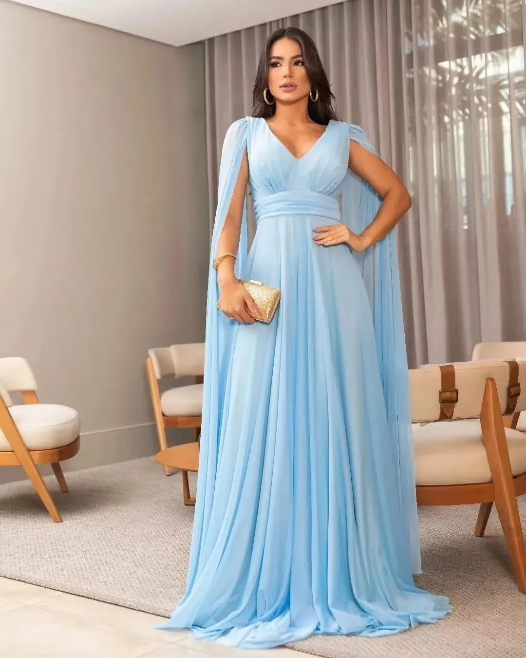 Long Sleeve Prom Dress with Cape V Neck Chiffon Ball Gown A Line Formal Evening Gowns for Women