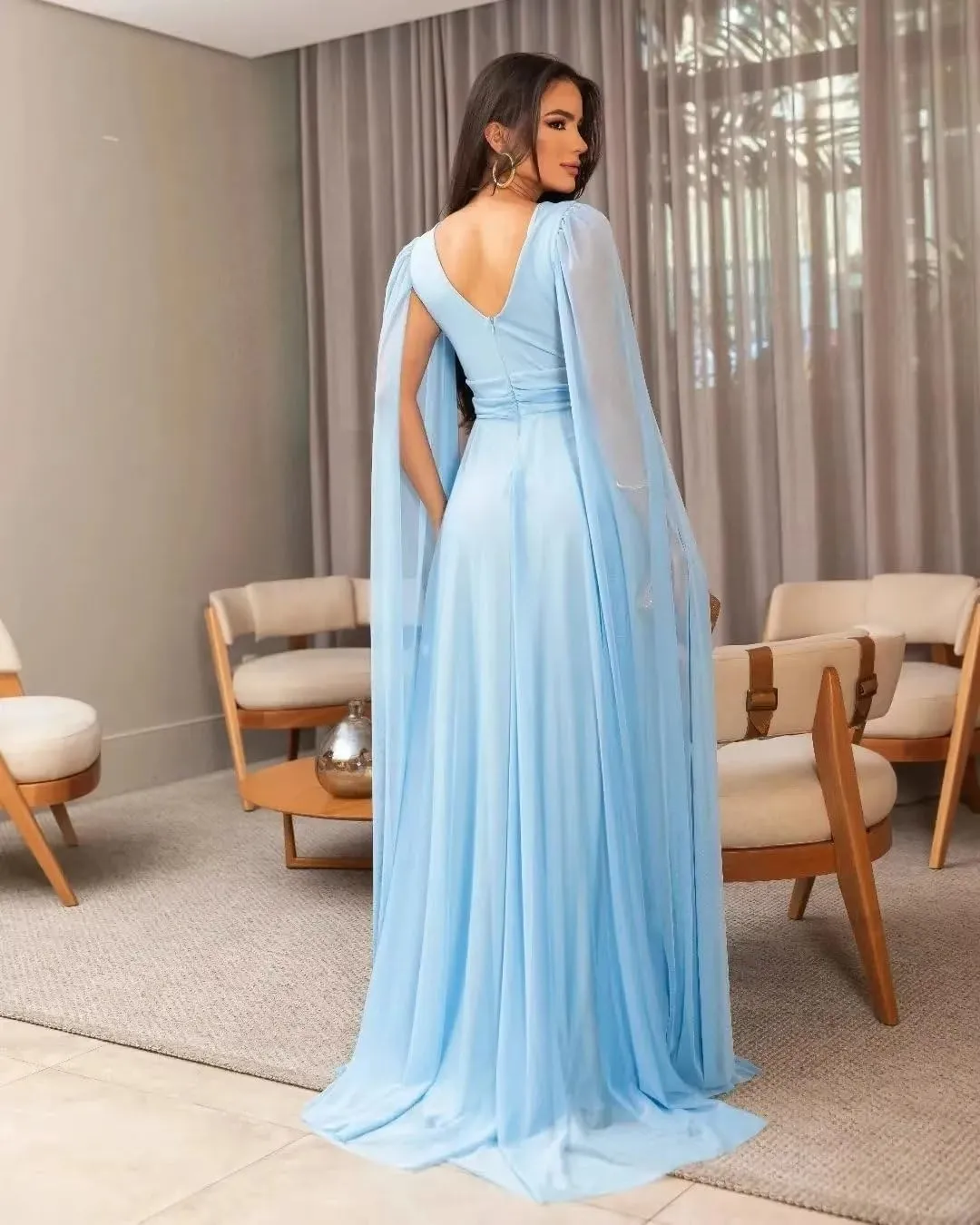 Long Sleeve Prom Dress with Cape V Neck Chiffon Ball Gown A Line Formal Evening Gowns for Women