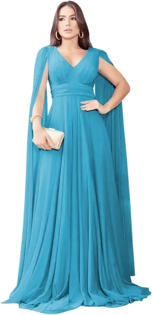 Long Sleeve Prom Dress with Cape V Neck Chiffon Ball Gown A Line Formal Evening Gowns for Women