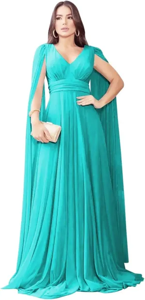 Long Sleeve Prom Dress with Cape V Neck Chiffon Ball Gown A Line Formal Evening Gowns for Women