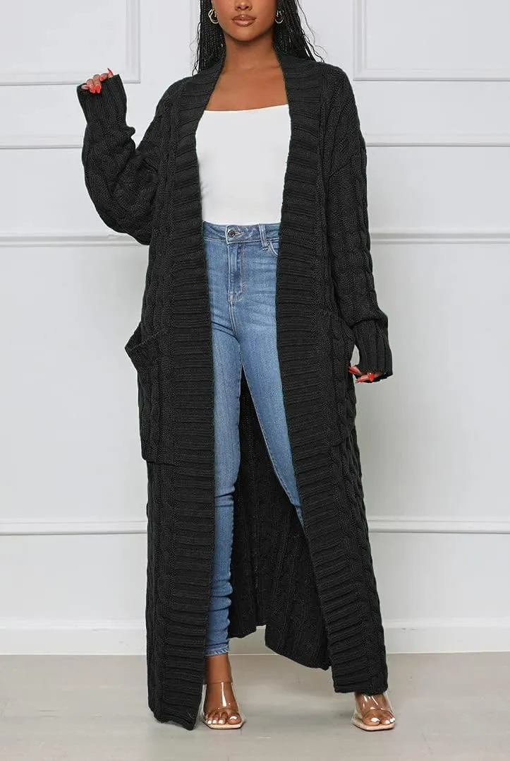Long Sweaters for Women Cardigan Open Front Long Sleeve Plus Size Chunky Cable Knit Duster Cardigans with Pockets Winter Coat