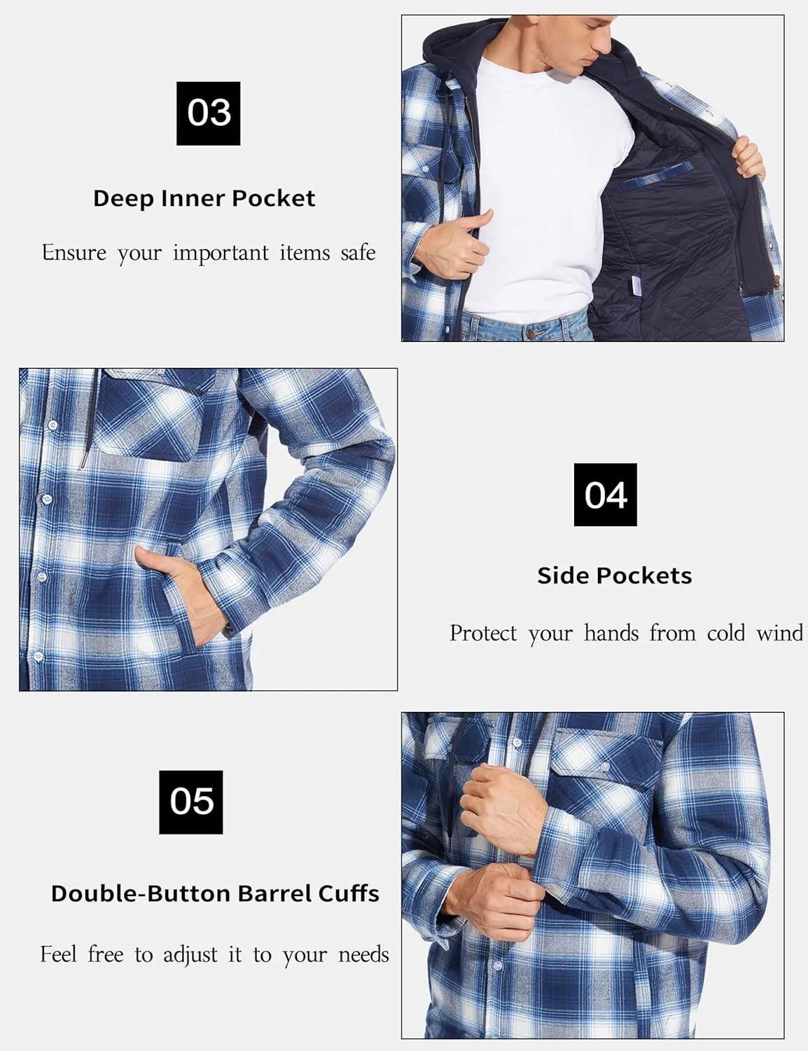 MAGCOMSEN Men's Flannel Jacket with Removable Hood 5 Pockets Quilted Plaid Shirt Jackets Winter Coats Thick Flannel Hoodie