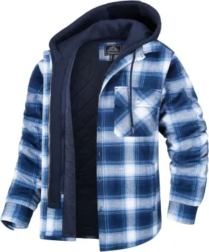 MAGCOMSEN Men's Flannel Jacket with Removable Hood 5 Pockets Quilted Plaid Shirt Jackets Winter Coats Thick Flannel Hoodie