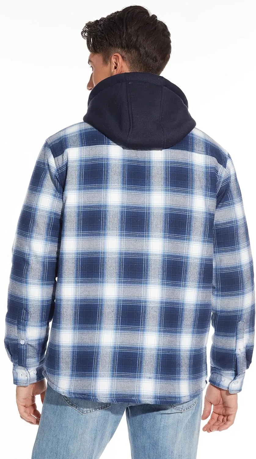 MAGCOMSEN Men's Flannel Jacket with Removable Hood 5 Pockets Quilted Plaid Shirt Jackets Winter Coats Thick Flannel Hoodie