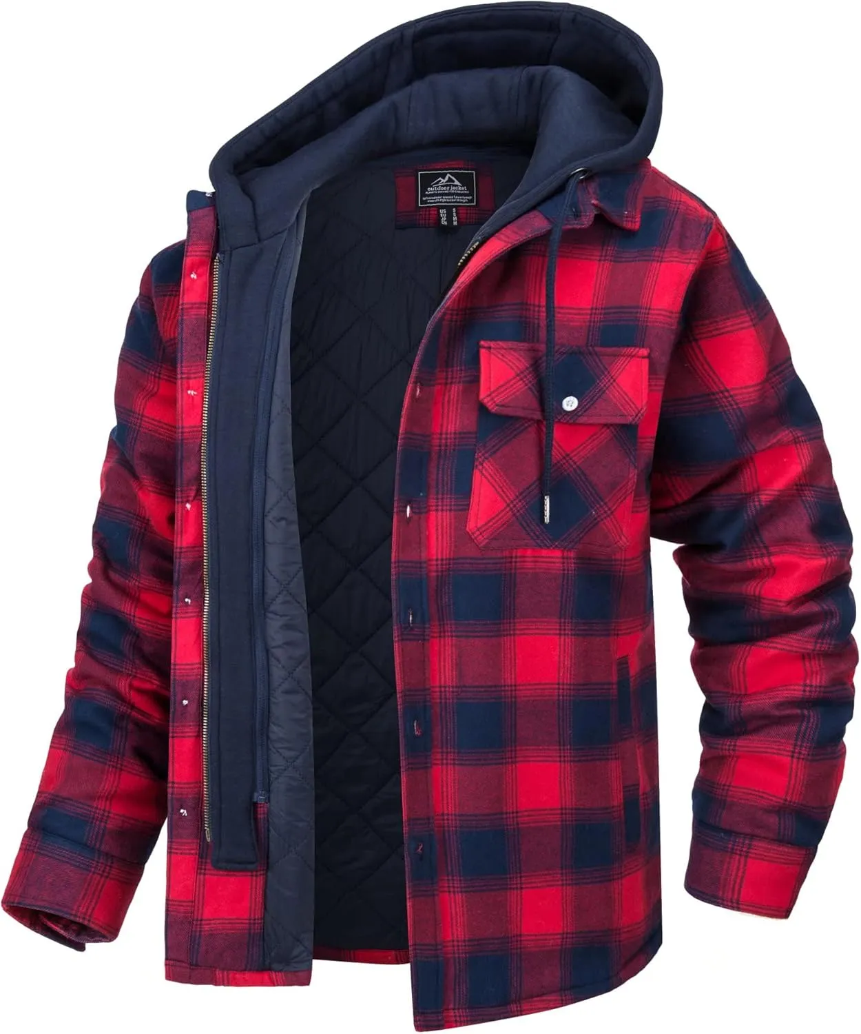MAGCOMSEN Men's Flannel Jacket with Removable Hood 5 Pockets Quilted Plaid Shirt Jackets Winter Coats Thick Flannel Hoodie