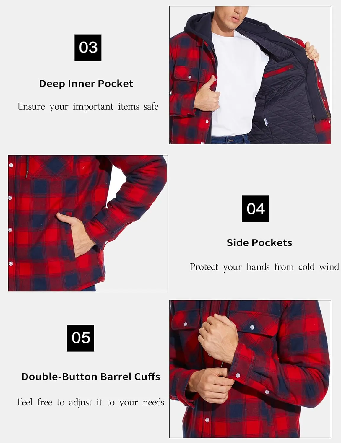 MAGCOMSEN Men's Flannel Jacket with Removable Hood 5 Pockets Quilted Plaid Shirt Jackets Winter Coats Thick Flannel Hoodie