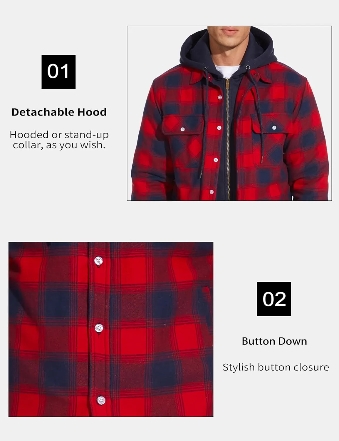 MAGCOMSEN Men's Flannel Jacket with Removable Hood 5 Pockets Quilted Plaid Shirt Jackets Winter Coats Thick Flannel Hoodie