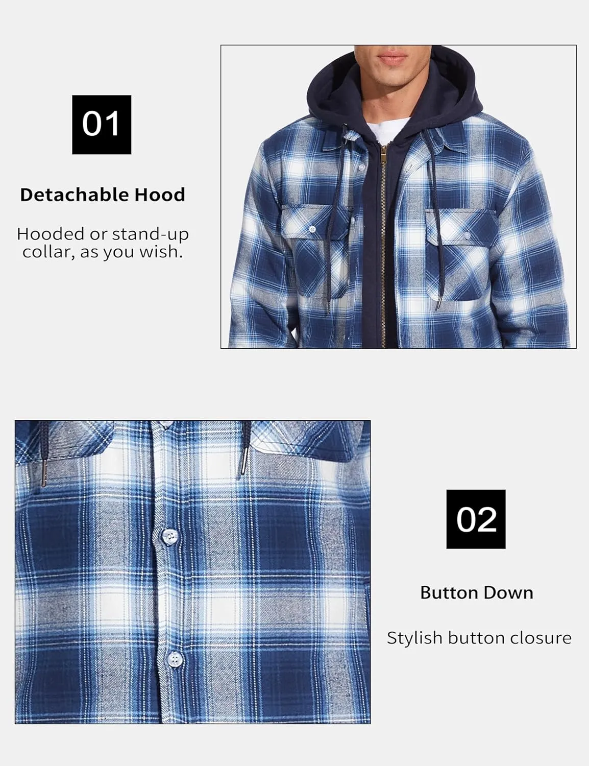 MAGCOMSEN Men's Flannel Jacket with Removable Hood 5 Pockets Quilted Plaid Shirt Jackets Winter Coats Thick Flannel Hoodie