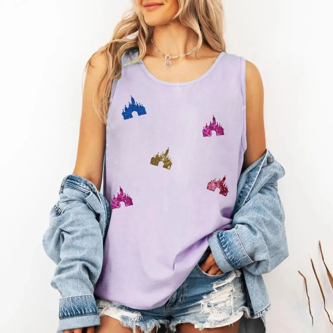 Magic Kingdom Tanks for Women Sequin Shirts Colorful Castle Graphic Sleveless Top Holiday Vacation Tank Tops