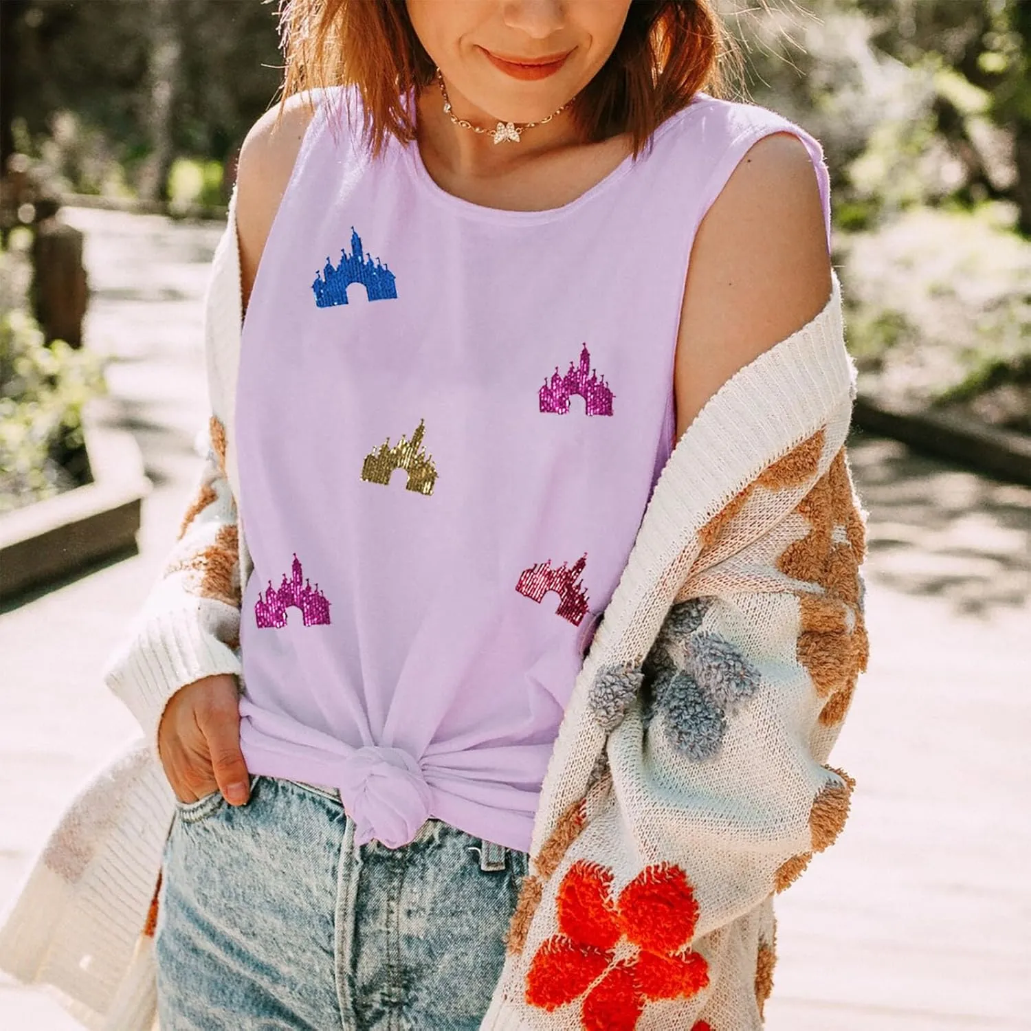 Magic Kingdom Tanks for Women Sequin Shirts Colorful Castle Graphic Sleveless Top Holiday Vacation Tank Tops