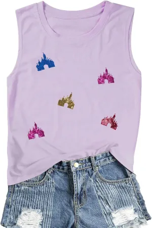 Magic Kingdom Tanks for Women Sequin Shirts Colorful Castle Graphic Sleveless Top Holiday Vacation Tank Tops