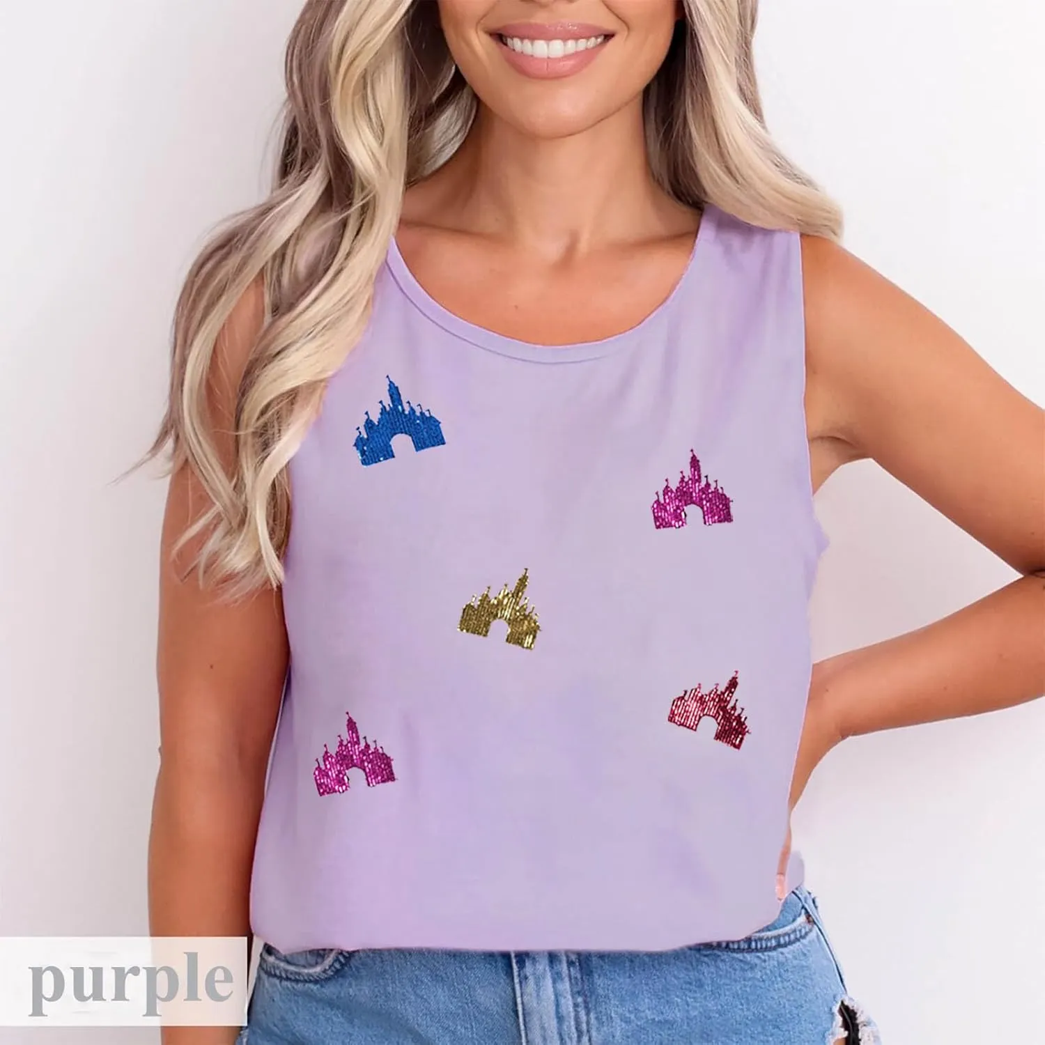 Magic Kingdom Tanks for Women Sequin Shirts Colorful Castle Graphic Sleveless Top Holiday Vacation Tank Tops
