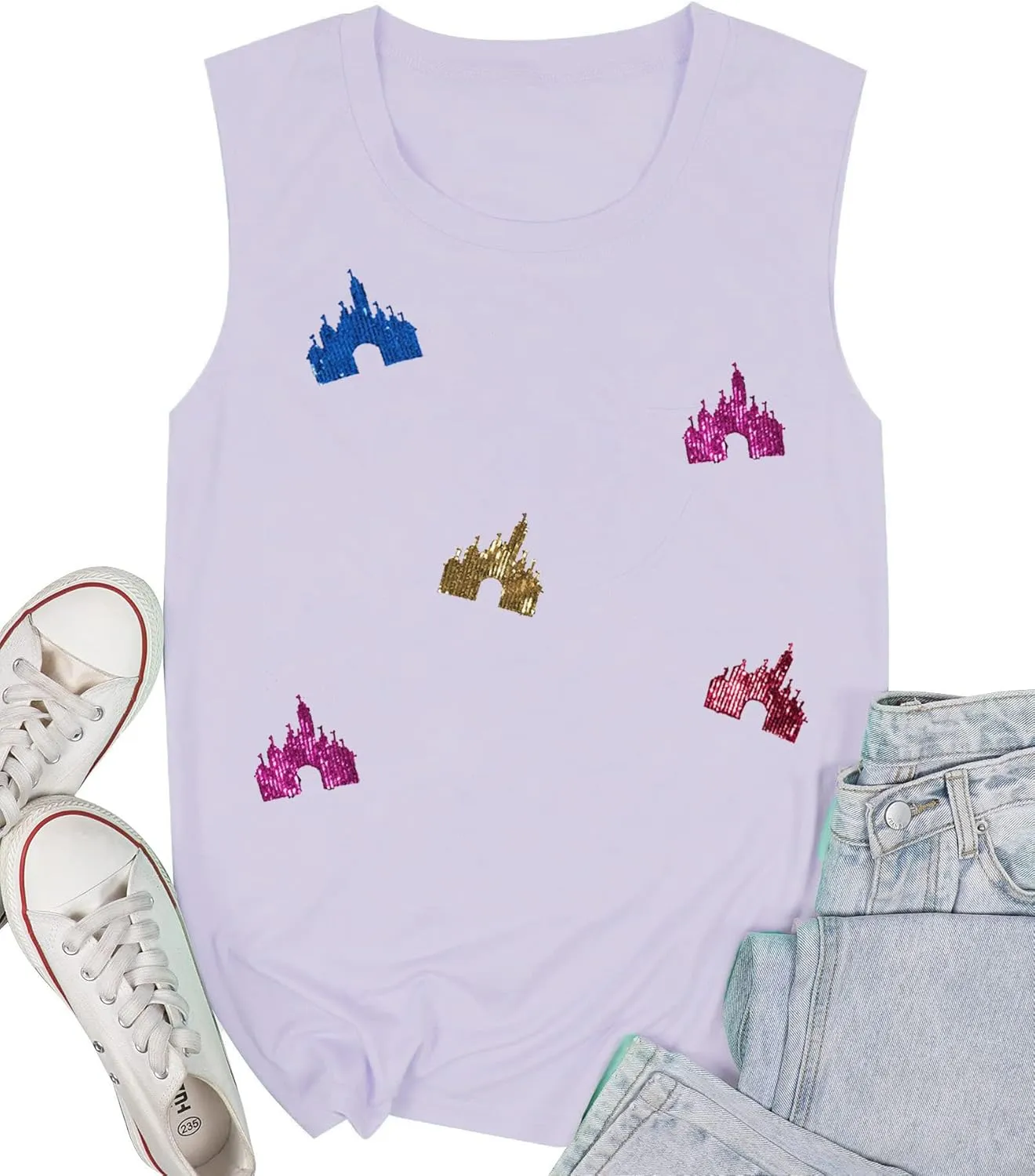 Magic Kingdom Tanks for Women Sequin Shirts Colorful Castle Graphic Sleveless Top Holiday Vacation Tank Tops