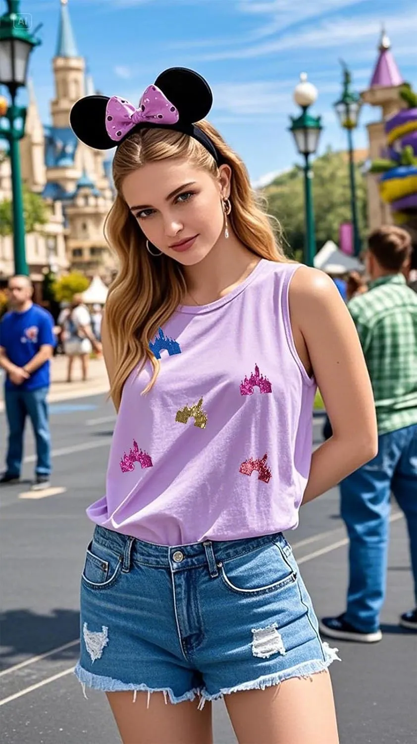 Magic Kingdom Tanks for Women Sequin Shirts Colorful Castle Graphic Sleveless Top Holiday Vacation Tank Tops