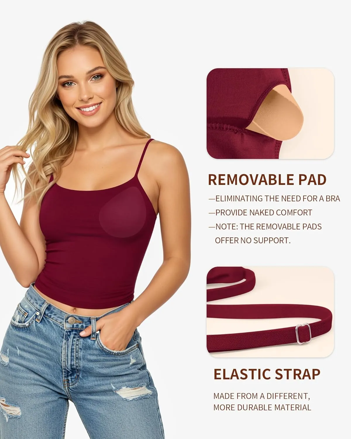 MANGOPOP Women's Tank Tops Detachable Bra Spaghetti Strap Cami Sexy Square Neck Sleeveless Basic Tee Shirts