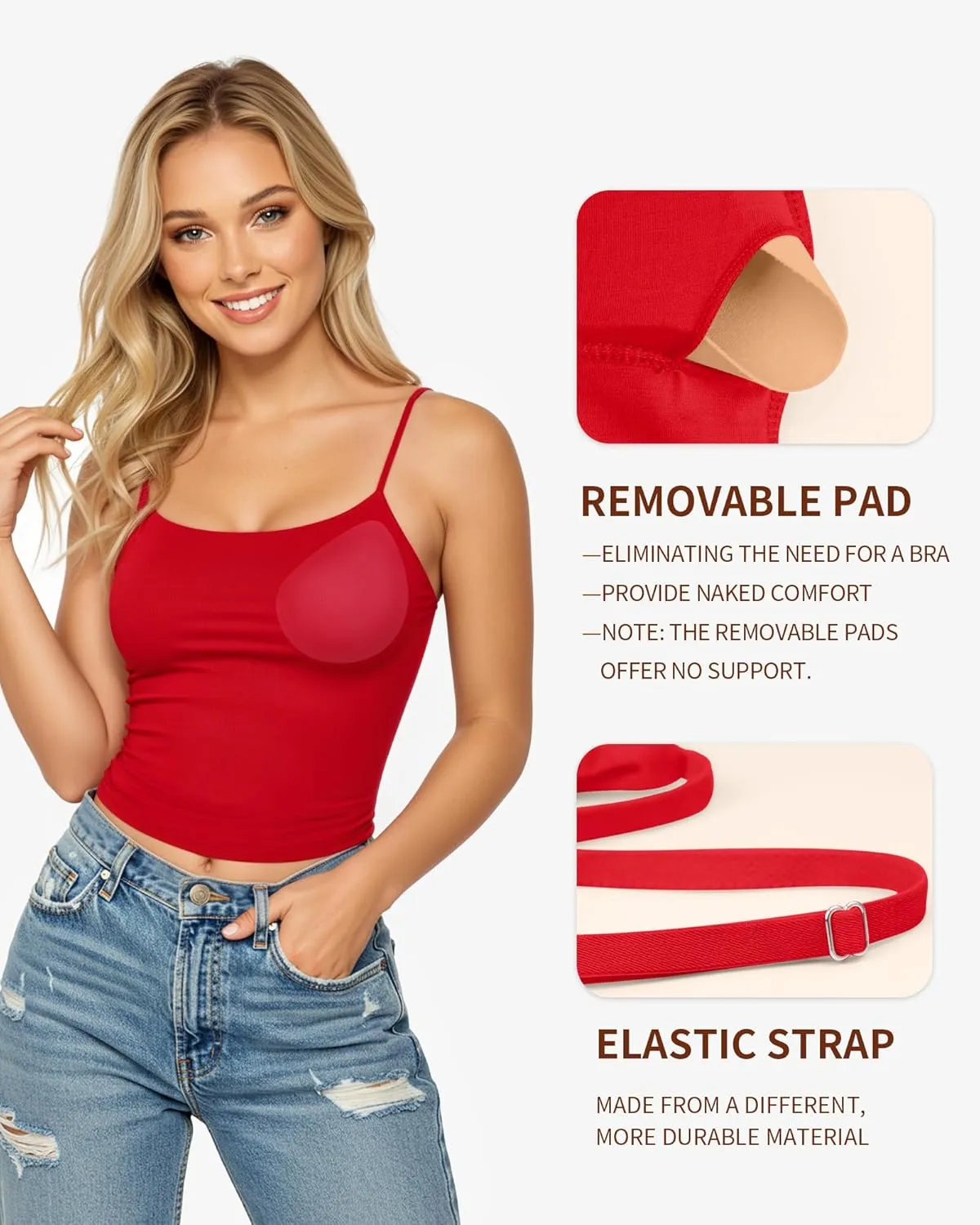 MANGOPOP Women's Tank Tops Detachable Bra Spaghetti Strap Cami Sexy Square Neck Sleeveless Basic Tee Shirts