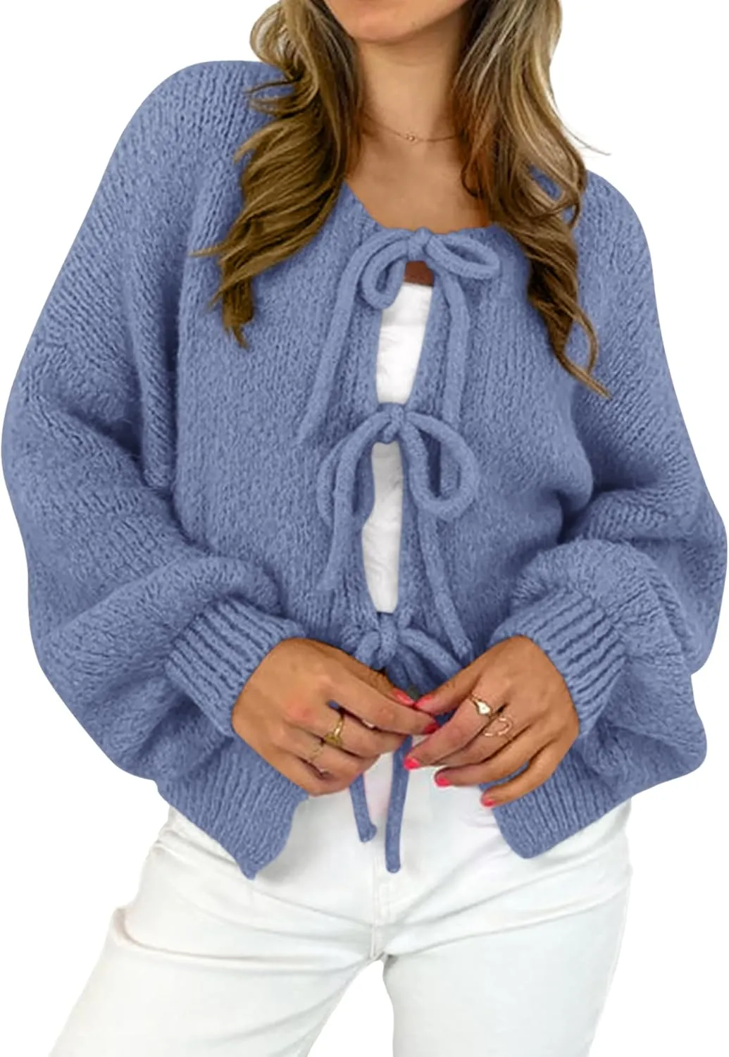 MASCOMODA 2025 Bow Tie Front Cardigan Sweaters for Women Fall Winter Oversized Long Sleeve Open Front Chunky Sweater Coats