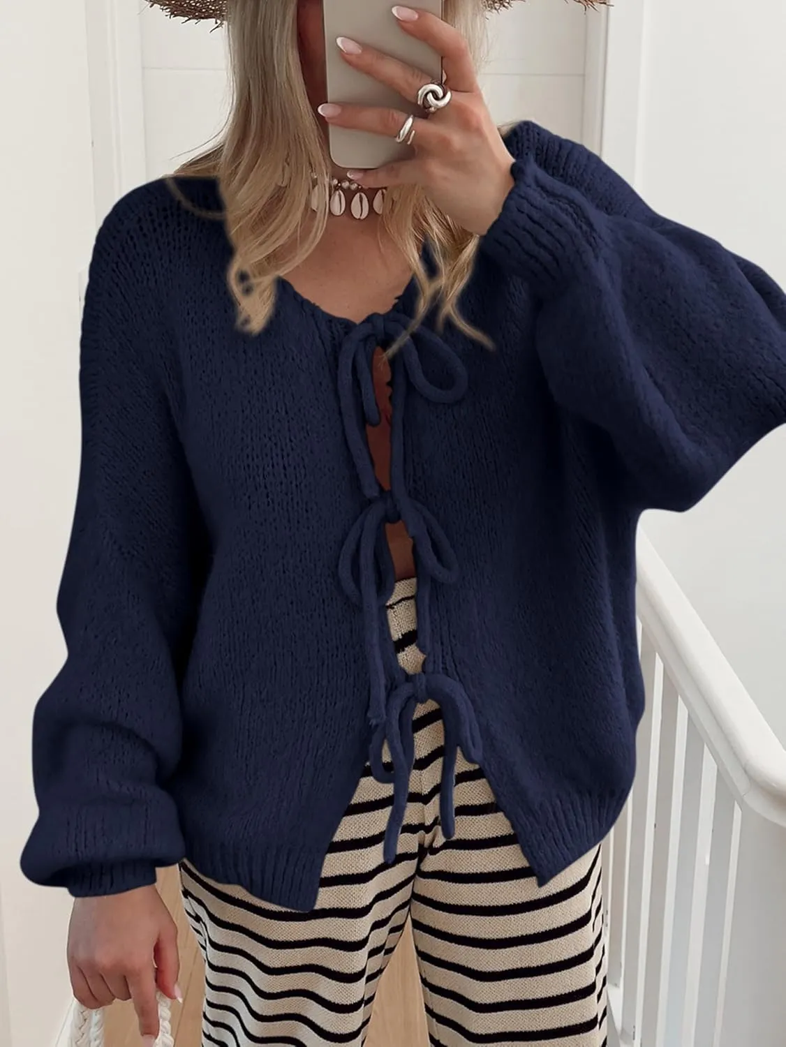 MASCOMODA 2025 Bow Tie Front Cardigan Sweaters for Women Fall Winter Oversized Long Sleeve Open Front Chunky Sweater Coats