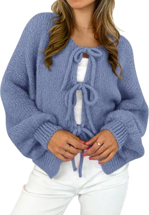 MASCOMODA 2025 Bow Tie Front Cardigan Sweaters for Women Fall Winter Oversized Long Sleeve Open Front Chunky Sweater Coats