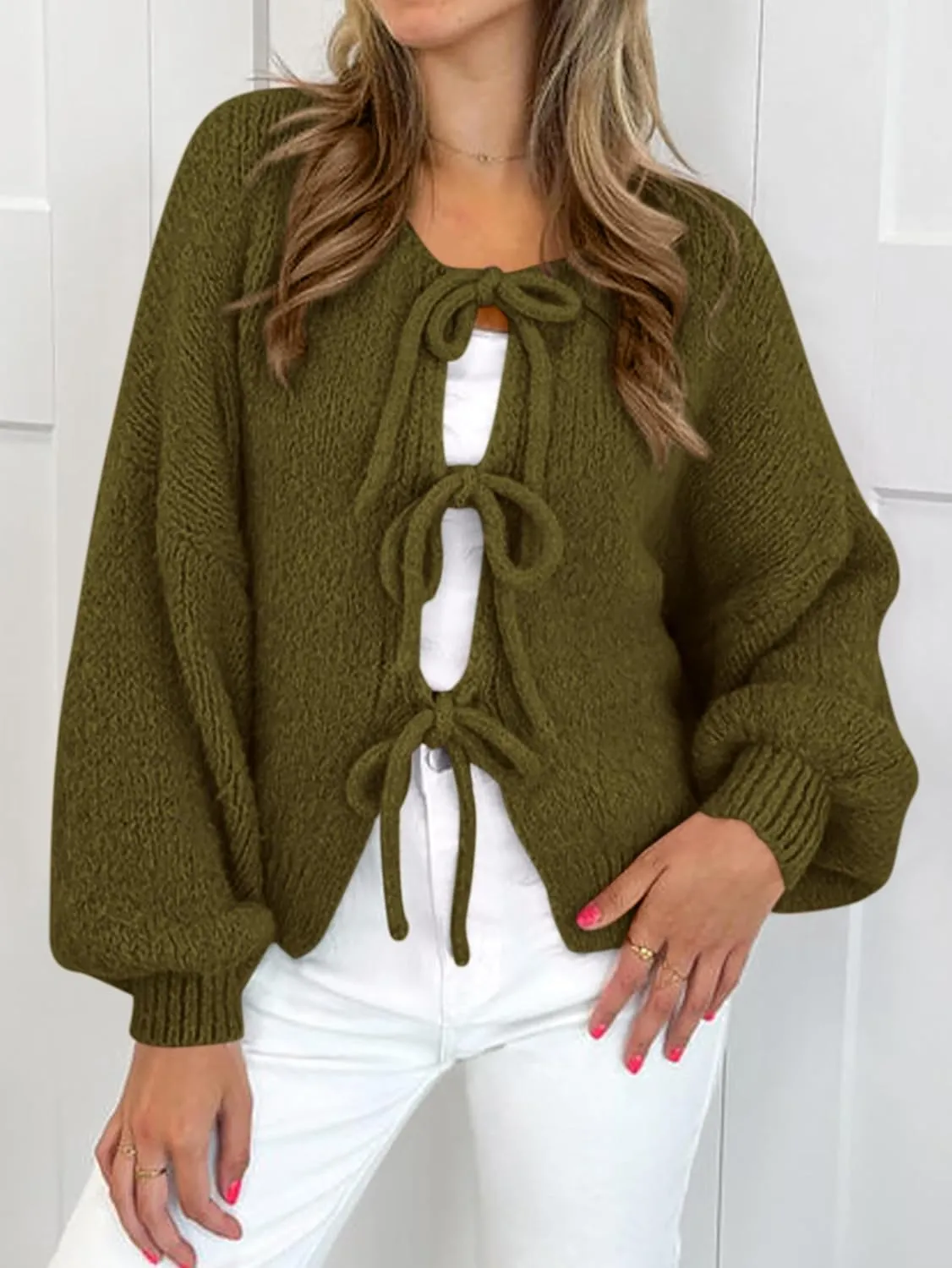 MASCOMODA 2025 Bow Tie Front Cardigan Sweaters for Women Fall Winter Oversized Long Sleeve Open Front Chunky Sweater Coats
