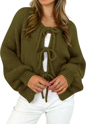 MASCOMODA 2025 Bow Tie Front Cardigan Sweaters for Women Fall Winter Oversized Long Sleeve Open Front Chunky Sweater Coats