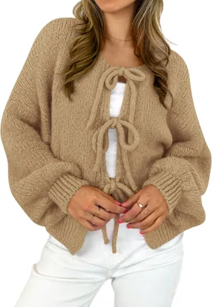 MASCOMODA 2025 Bow Tie Front Cardigan Sweaters for Women Fall Winter Oversized Long Sleeve Open Front Chunky Sweater Coats