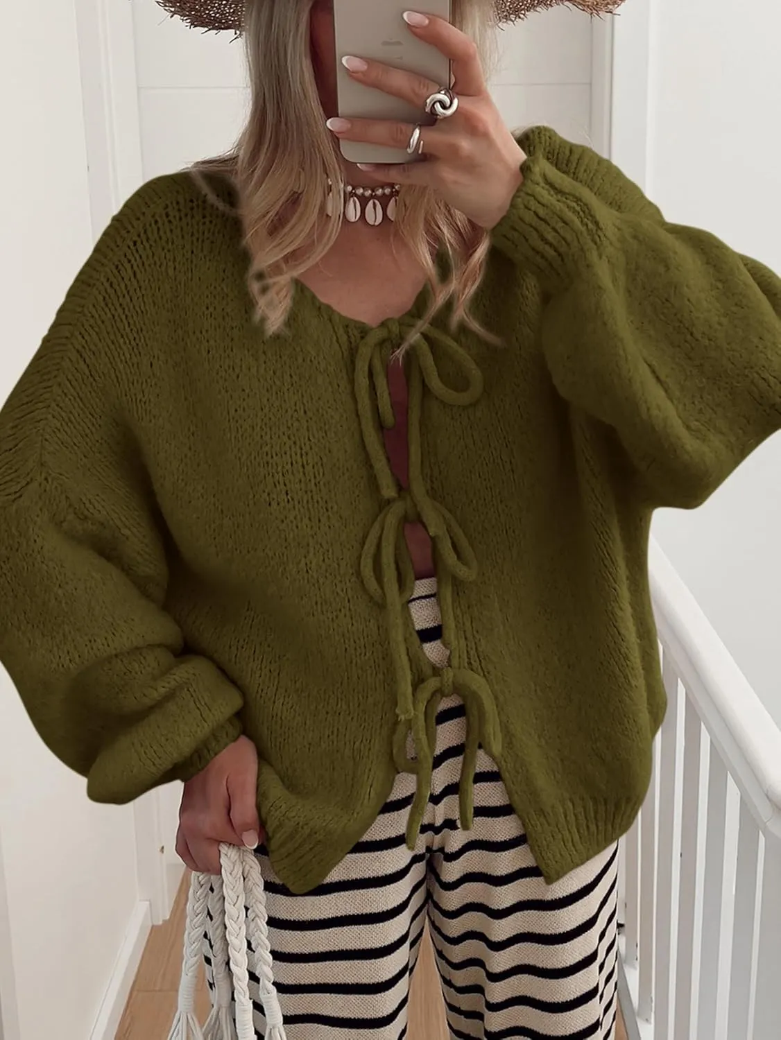 MASCOMODA 2025 Bow Tie Front Cardigan Sweaters for Women Fall Winter Oversized Long Sleeve Open Front Chunky Sweater Coats