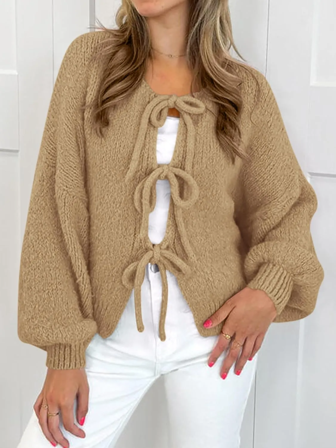 MASCOMODA 2025 Bow Tie Front Cardigan Sweaters for Women Fall Winter Oversized Long Sleeve Open Front Chunky Sweater Coats