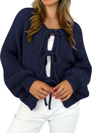 MASCOMODA 2025 Bow Tie Front Cardigan Sweaters for Women Fall Winter Oversized Long Sleeve Open Front Chunky Sweater Coats