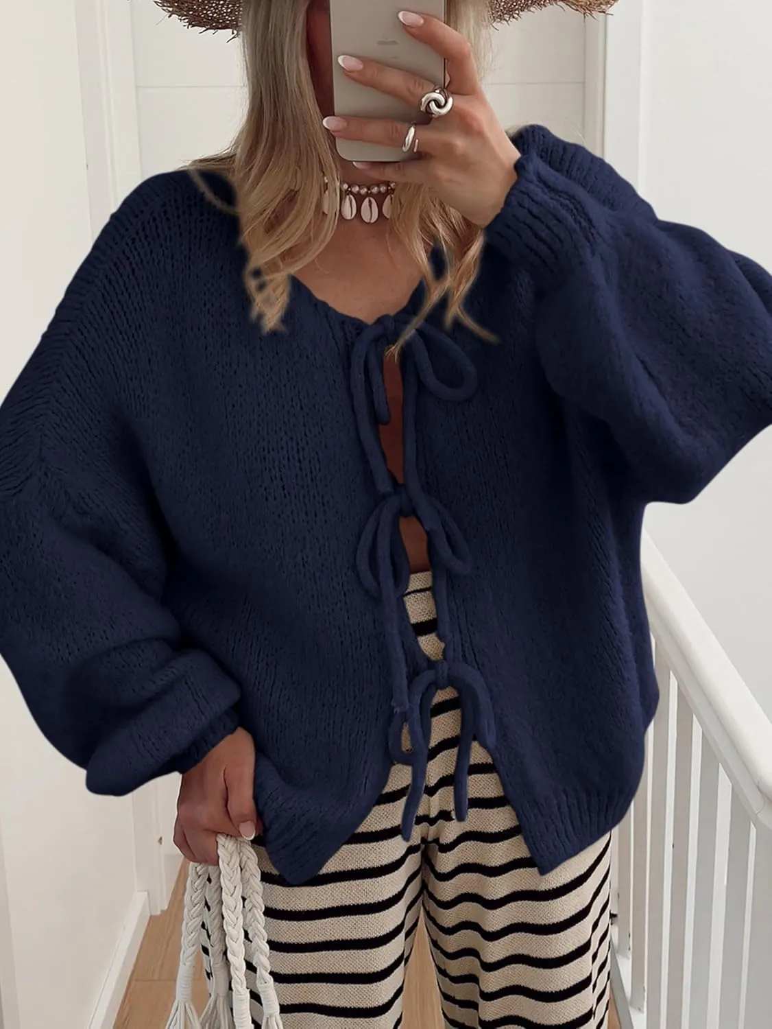 MASCOMODA 2025 Bow Tie Front Cardigan Sweaters for Women Fall Winter Oversized Long Sleeve Open Front Chunky Sweater Coats